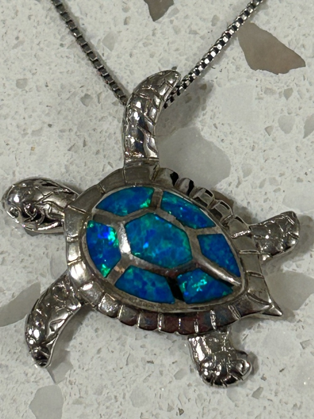 Hermosa Stunning 925 turquoise blue opal look & sterling turtle pendant & chain
